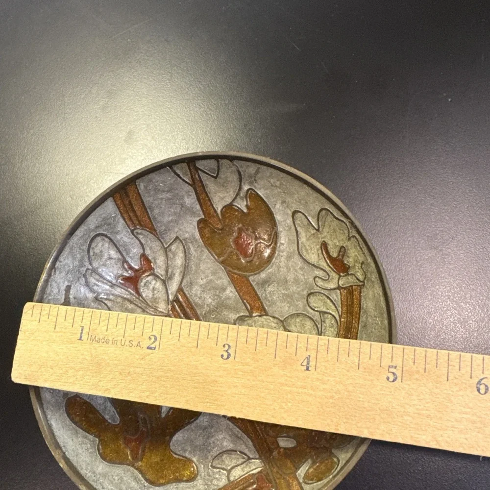 Vintage‎ Brass Pedestal Bowl Enamel w/ Flowers 5
